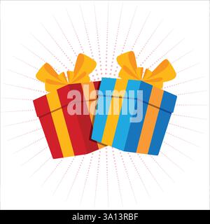 Confezioni regalo due confezioni regalo con sfondo a puntini con effetto sunburst. Sorpresa nella scatola. Illustrazione vettoriale illustrazione stock Illustrazione Vettoriale