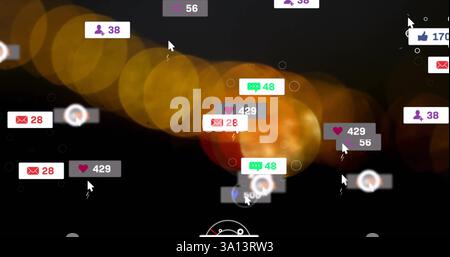 Immagine delle icone dei social media con numeri su punti luminosi su sfondo nero Foto Stock