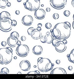Bolle azzurre d'acqua senza cuciture. Illustrazione dello schizzo disegnato a mano vettoriale. Texture in schiuma di sapone, marine, sfondo acquario. Stampa tessile, tessuto, wra Illustrazione Vettoriale