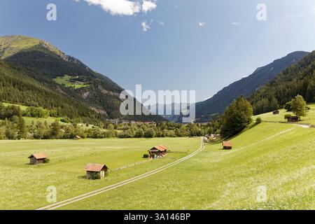 Prati con fienili nei pressi di Pfunds (Tirolo, Austria), visti dal lungo sentiero via Claudia Augusta, che segue un'antica strada romana che attraversa il fiume Foto Stock