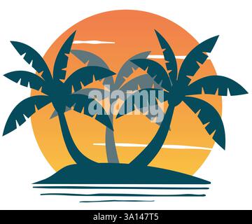 Design Sunset Sky con una silhouette di palme tropicali, una splendida t-shirt estiva rétro Sunset o uno stile con stampa in tessuto Illustrazione Vettoriale