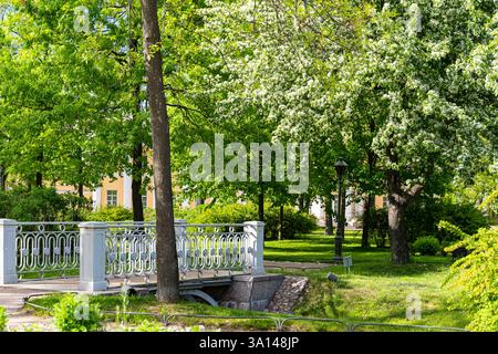 Giardino polacco nella tenuta di Derzhavin. Splendida fioritura primaverile. Stagno, ponte Foto Stock