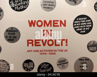 Le donne in rivolta! Mostra raffigurante l'arte e l'attivismo nel Regno Unito dal 1970 al 1990 di donne presso la galleria d'arte Whitworth di Manchester, Regno Unito Foto Stock