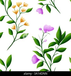 Splendidi brunch verdi con fiori rosa e gialli su sfondo bianco, motivo senza cuciture Foto Stock