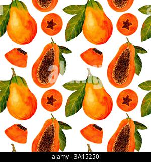 Un motivo colorato di deliziose papaya e frutti tropicali su uno sfondo bianco nitido per un design fresco. Motivo acquerello senza cuciture per la stampa su tessuto e carta. Foto Stock
