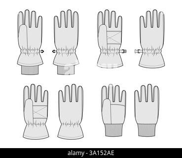 Set di guanti da sci Igloos Insulated Core Moda accessori per mani indumenti per illustrazione tecnica. Vettoriale per uomo, donna, modello piatto in stile unisex contorno di schizzo di mockup CAD su sfondo bianco Illustrazione Vettoriale