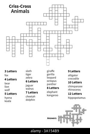 Puzzle di animali Criss-Cross, gioco di parole incrociate Word Fit, divertente attività educativa per bambini e adulti Illustrazione Vettoriale