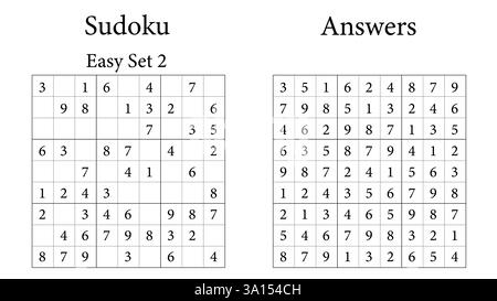 Sudoku Puzzle 9x9 Set 2 molto facile con risposte, divertente gioco di allenamento cerebrale per bambini, adolescenti e adulti, Vector Illustrazione Vettoriale