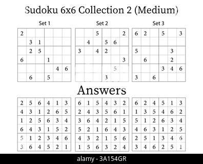 Sudoku Puzzle 6x6 Collezione 2 Medium con risposte, divertente gioco di allenamento cerebrale per bambini, adolescenti e adulti, Vector Illustrazione Vettoriale