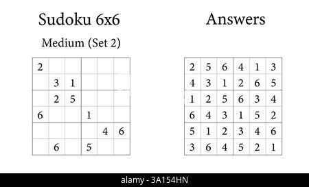 Sudoku Puzzle 6x6 Set medio 2 con risposte, divertente gioco di allenamento cerebrale per bambini, adolescenti e adulti, Vector Illustrazione Vettoriale