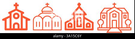 Icone della linea del tempio. Serie di icone di linea delle chiese cristiane. Scuola domenicale, comunità, parrocchia. Illustrazione vettoriale piatta isolata su fondo bianco Illustrazione Vettoriale