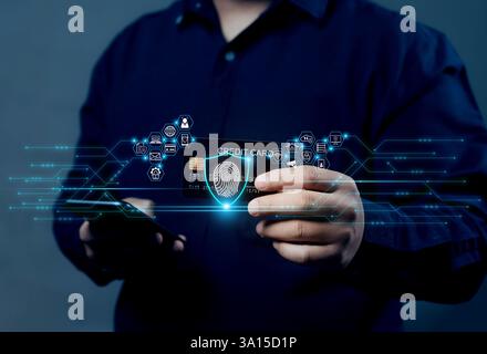 Sicurezza informatica e privacy delle carte di credito per proteggere i dati. Uomo d'affari che protegge le informazioni personali. Icona di blocco delle impronte digitali e protezione della rete Internet Foto Stock