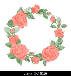 Cornice rotonda con fiori, rose rosa e foglie verdi isolate su sfondo bianco per il design di tessuti, matrimoni, compleanni e cartoline Foto Stock