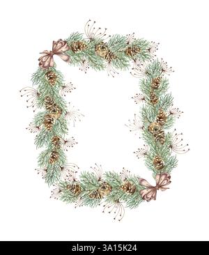 Illustrazione dei rami di abete, dell'erba, dei coni di pino e dell'acquerello di prua marrone. Piante forestali per l'inverno, Natale e Capodanno. Isolato dal bac Foto Stock