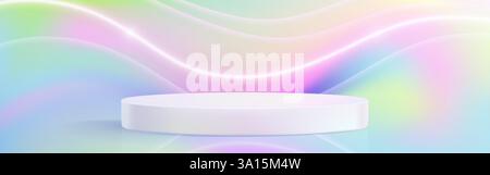 Tavolino 3d con ologramma con piattaforma circolare bianca su sfondo iridescente. Onde di luce fluide al neon in uno spazio di visualizzazione minimalista per la presentazione dei prodotti. Elegante podio con linee curve luminose. Illustrazione Vettoriale
