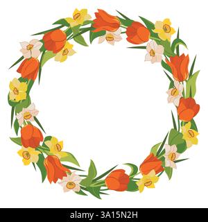 Splendida corona di tulipani e narcisi isolati su sfondo bianco. Cornice rotonda con fiori primaverili rossi, gialli e bianchi, regalo per la festa della mamma. Illustrazione vettoriale colorata in stile piatto. Illustrazione Vettoriale