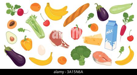 Set di prodotti vettoriali a basso contenuto calorico. Frutta e verdura vettoriale, latte, pane, carne, pesce, formaggio e uova. Raccolto agricolo in piano. Concetto di alimentazione sana. Illustrazione Vettoriale