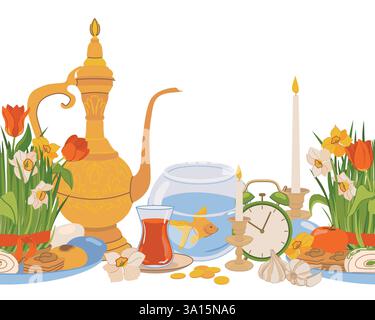 Motivo senza cuciture per la giornata internazionale di Nowruz. Il capodanno iraniano è un giorno sacro e una festa religiosa degli zoroastriani e dei baha'is. Specchio, erba verde, dolci, candele, aceto, fiori. Vettore piatto. Illustrazione Vettoriale