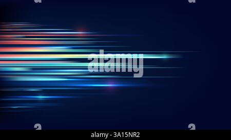 tecnologia astratta arte digitale con striature orizzontali di luce in blu, giallo e arance vibranti, che trasmettono velocità e movimento contro un dar Illustrazione Vettoriale