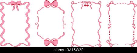 Set di cornici a nastro ad arco rosa. Bordi di nastri alla moda disegnati a mano. Stile moderno di coquette Illustrazione Vettoriale