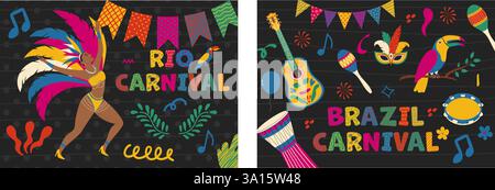 Set di poster per carnevale brasiliano contemporaneo. Collezione di banner alla moda con donna danzante, garlande, strumenti musicali ed elementi doodle Illustrazione Vettoriale