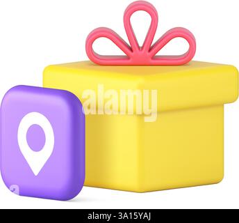 Consegna dei regali logistica gratuita tracciamento degli ordini di acquisto online icona 3d illustrazione vettoriale realistica. Consegna trasporto spedizione sconto corriere Illustrazione Vettoriale