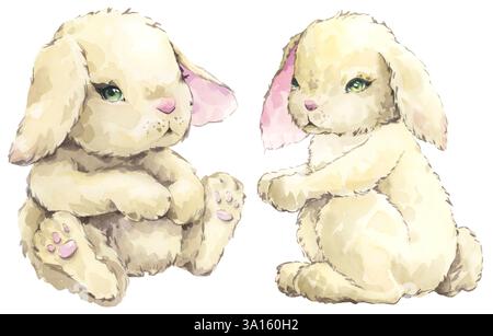 Simpatici conigli soffici. Acquerello dipinto a mano. Elemento isolato su sfondo bianco Foto Stock
