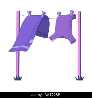 Vestiti appena lavati appesi su un oggetto cartoni 2D clothesline Illustrazione Vettoriale