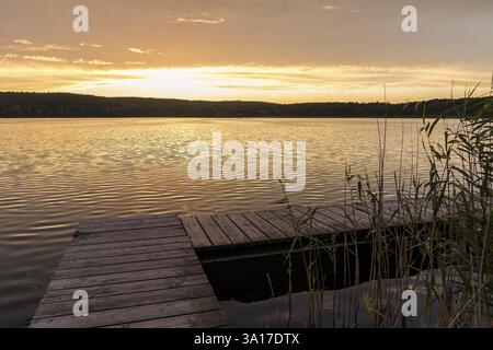 Tramonto al molo del Grosser Glubigsee vicino a Wendisch Rietz, distretto di Oder-Spree, Brandeburgo, Germania, Europa Foto Stock