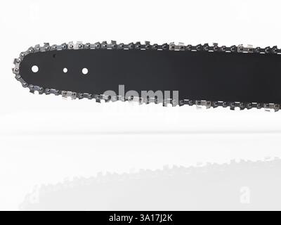 Barra per motoseghe a catena e closeup isolati su sfondo bianco Foto Stock