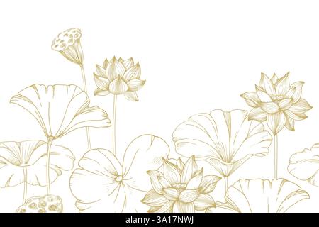 Fiori d'oro di loto e bordi senza cuciture. Illustrazione vettoriale disegnata a mano e isolata su bianco Illustrazione Vettoriale