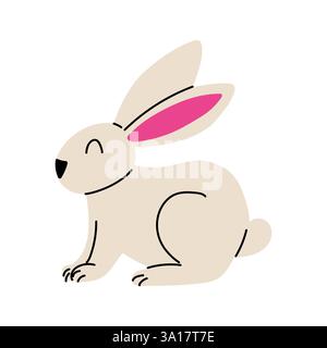 Semplice illustrazione di un simpatico coniglio con orecchie rosa seduti tranquillamente su uno sfondo bianco Illustrazione Vettoriale