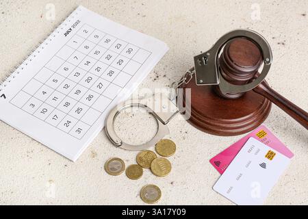 Carte di credito, martelletto del giudice e manette su sfondo bianco. Concetto di debito Foto Stock