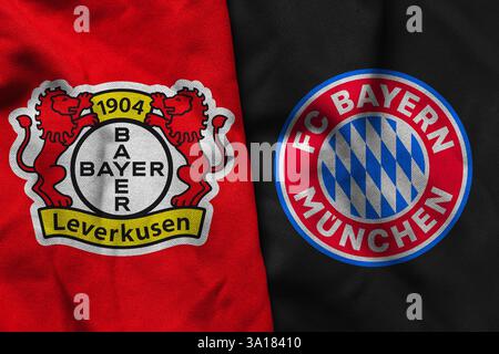 Pringsewu, Lampung; 7 marzo 2025; texture del logo in tessuto della squadra di calcio Bayer 04 Leverkusen con il concetto di FC Bayern Monaco, il conce Foto Stock