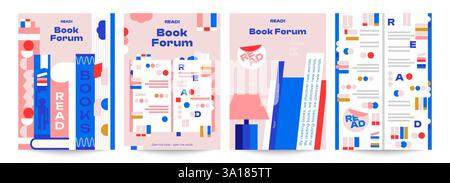 4 manifesti astratti per il Festival del libro. Segnalibri, tante note e adesivi sui libri che i lettori apprezzeranno così tanto. Illustrazione Vettoriale