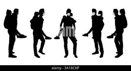 Concetto vettoriale sagoma concettuale uomini che passano il tempo con i bambini distanziando i mezzi di prevenzione e protezione contro il coronavirus Illustrazione Vettoriale