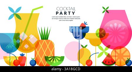 Banner orizzontale, poster, modello di volantino per cocktail party. Illustrazione piatta vettoriale. Bevande alcoliche, analcoliche, frutti tropicali e bacche. Bar Illustrazione Vettoriale