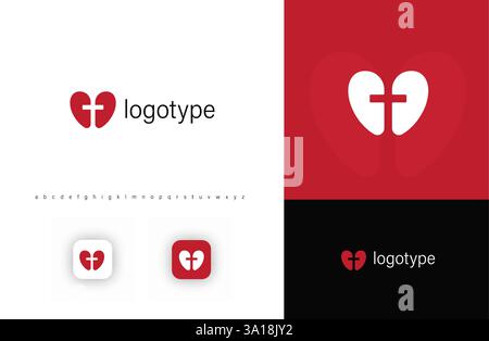Logo minimalista cuore con croce, simboleggia l'amore, la fede, la sanità. Ideale per organizzazioni mediche, comunità cristiane, enti di beneficenza, no profit Illustrazione Vettoriale