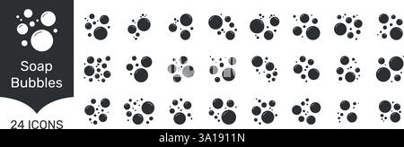 Icona bolle di sapone solido. Set di bolle d'aria con sapone galleggiante con simbolo silhouette luci lucide. Illustrazione del vettore isolato Illustrazione Vettoriale