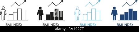Grafico dell'indice di massa corporea con l'icona della linea e della silhouette della freccia di crescita e della persona. Tracciamento e analisi BMI. Monitoraggio dello stato. Tratto modificabile. Isolato Illustrazione Vettoriale