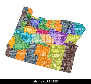 Forma Oregon. State Word cloud con divisione contea. Illustrazione colorata Oregon. I nomi delle contee sono nubi. Illustrazione vettoriale. Illustrazione Vettoriale