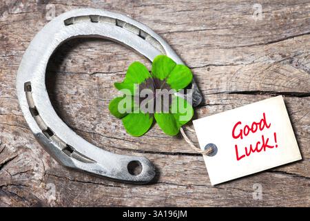 Ferro di cavallo, trifoglio a foglia e cartellino con buona fortuna su una tavola di legno Foto Stock