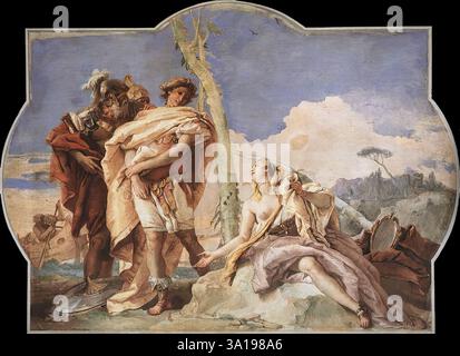 TIEPOLO, Giovanni Battista (B. 1696, Venezia, d. 1770, Madrid) Rinaldo abbandonando Armida 1757 affresco, 220 x 310 cm Villa Valmarana, Vicenza durante le crociate, Rinaldo, che si era lasciato trasportare in un'isola dalla maga Armida, rimase lontano dai combattimenti. Due guerrieri sono stati mandati a riportarlo indietro. Lo scoprono nel giardino incantato di Armida e gli reggono uno scudo, come uno specchio in cui riconosce di aver trascurato i suoi doveri. Abbandona la strega e torna alla battaglia. La scena è divisa in mezzo da un albero. Armida siede sulla sua piattaforma Foto Stock