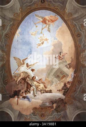 TIEPOLO, Giovanni Battista (B. 1696, Venezia, d. 1770, Madrid) Allegoria al merito accompagnata da nobiltà e virtù 1757-58 affresco, cm 1000 x 600 Museo del Settecento Veneziano, Ca' Rezzonico, Venezia l'affresco ovale del soffitto mostra l'allegoria al merito sul lato sinistro, personificata da un anziano uomo barbuto che indossa una corona d'alloro. Accompagnato dalla nobiltà e dalla figura alata della virtù, vestito di bianco, sorge su una nuvola popolata da putti verso il tempio della Gloria. Sul bordo superiore dell'immagine, Fame annuncia la gloria del merito suonando le sue trombe. La m Foto Stock
