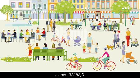 skyline della città con persone nel tempo libero in zona residenziale, ristoranti e bistro, illustrazione Foto Stock