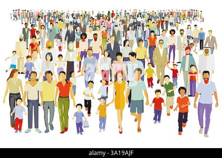 una folla con famiglie che si riuniscono, isolata su uno sfondo bianco, illustrazione Foto Stock