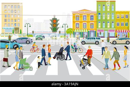 skyline della città con traffico e pedoni sul marciapiede, illustrazione Foto Stock