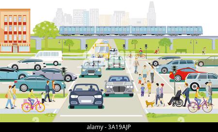 skyline della città con auto all'incrocio e pedoni, illustrazione Foto Stock