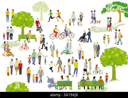 attività ricreative nel parco con famiglie e altre persone, illustrazione Foto Stock