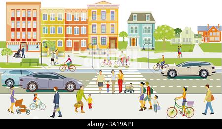 traffico stradale con pedoni, ciclisti e traffico stradale, illustrazione Foto Stock